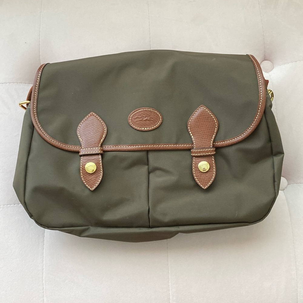 Longchamp Le Pliage Messenger Bag Olive Green and Brown